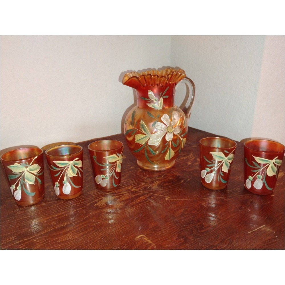 Fenton Marigold Carnival Glass Lotus Water Pitcher and 5 Glasses Set Vintage